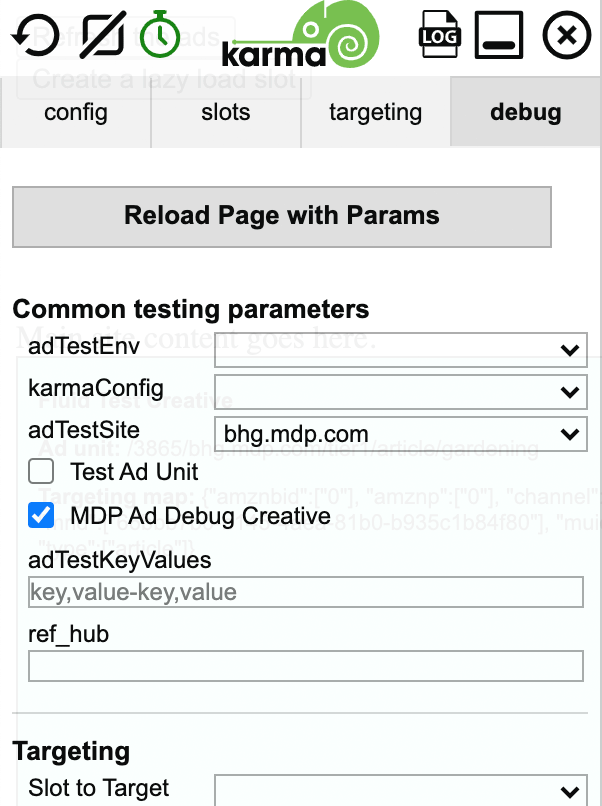 KARMA bookmarklet: debug tab