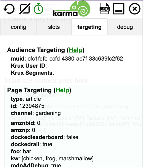 KARMA bookmarklet: targeting tab